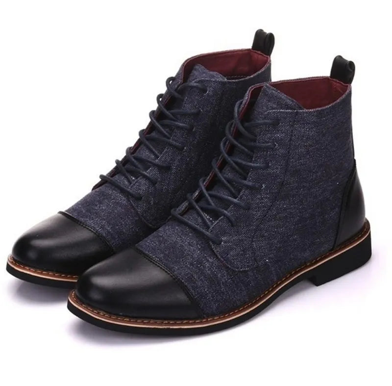 Men's black leather motorcycle boots with a belt buckle and thick rubber sole.
