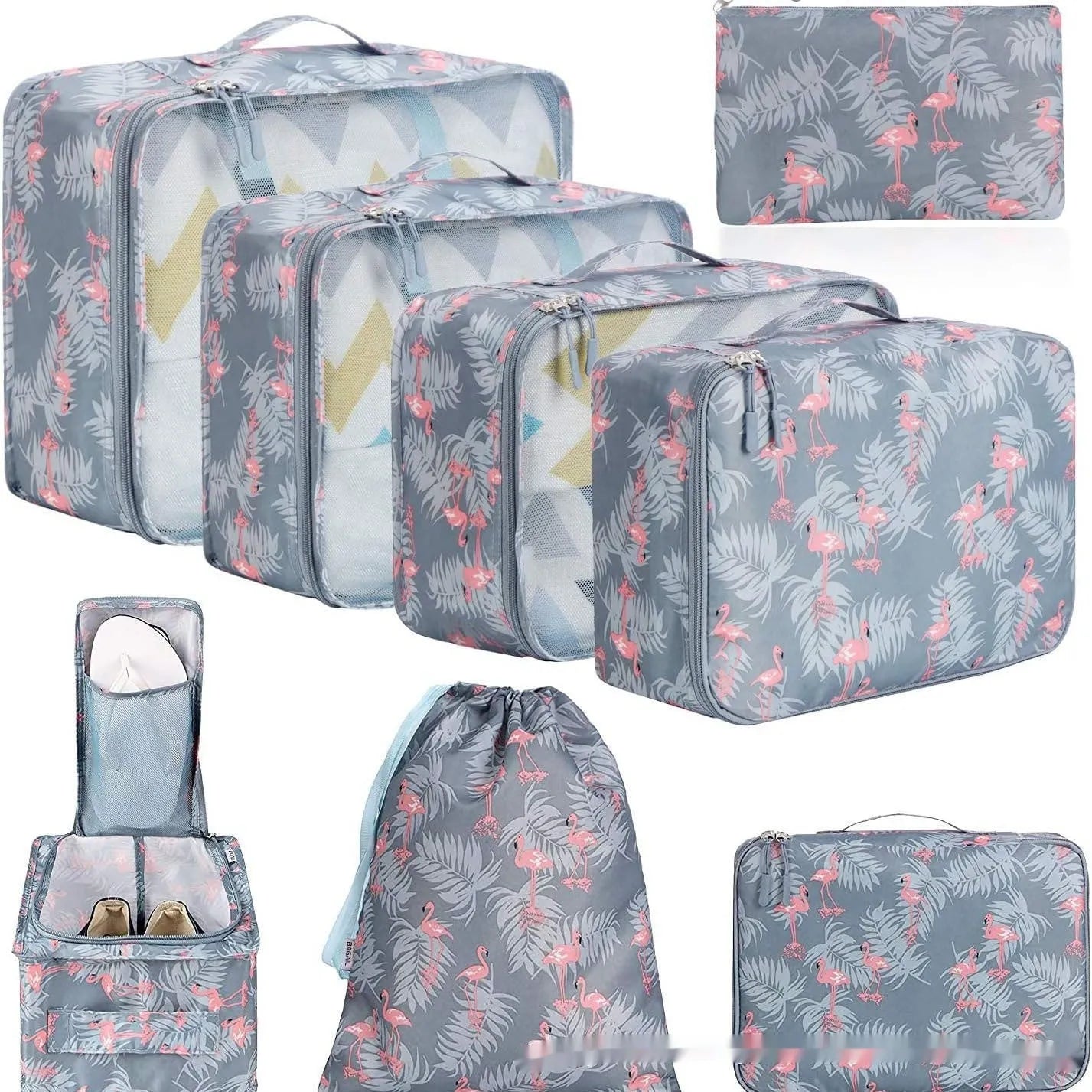 Set of eight cubic travel packing bags for underwear organisation in various colours including solid shades and patterns