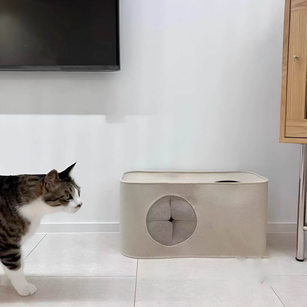 Khaki foldable felt cat bed showing its size next to a cat, with a second image showing it folded flat.