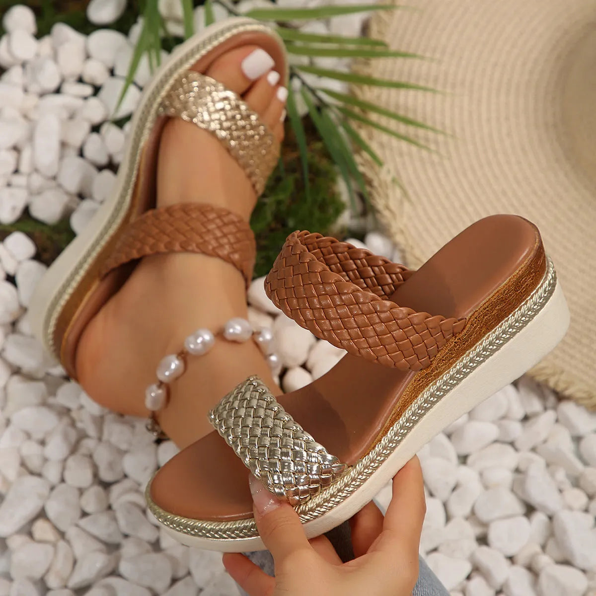 Gold and silver women's plus size wedge sandals with PU upper and rubber sole.