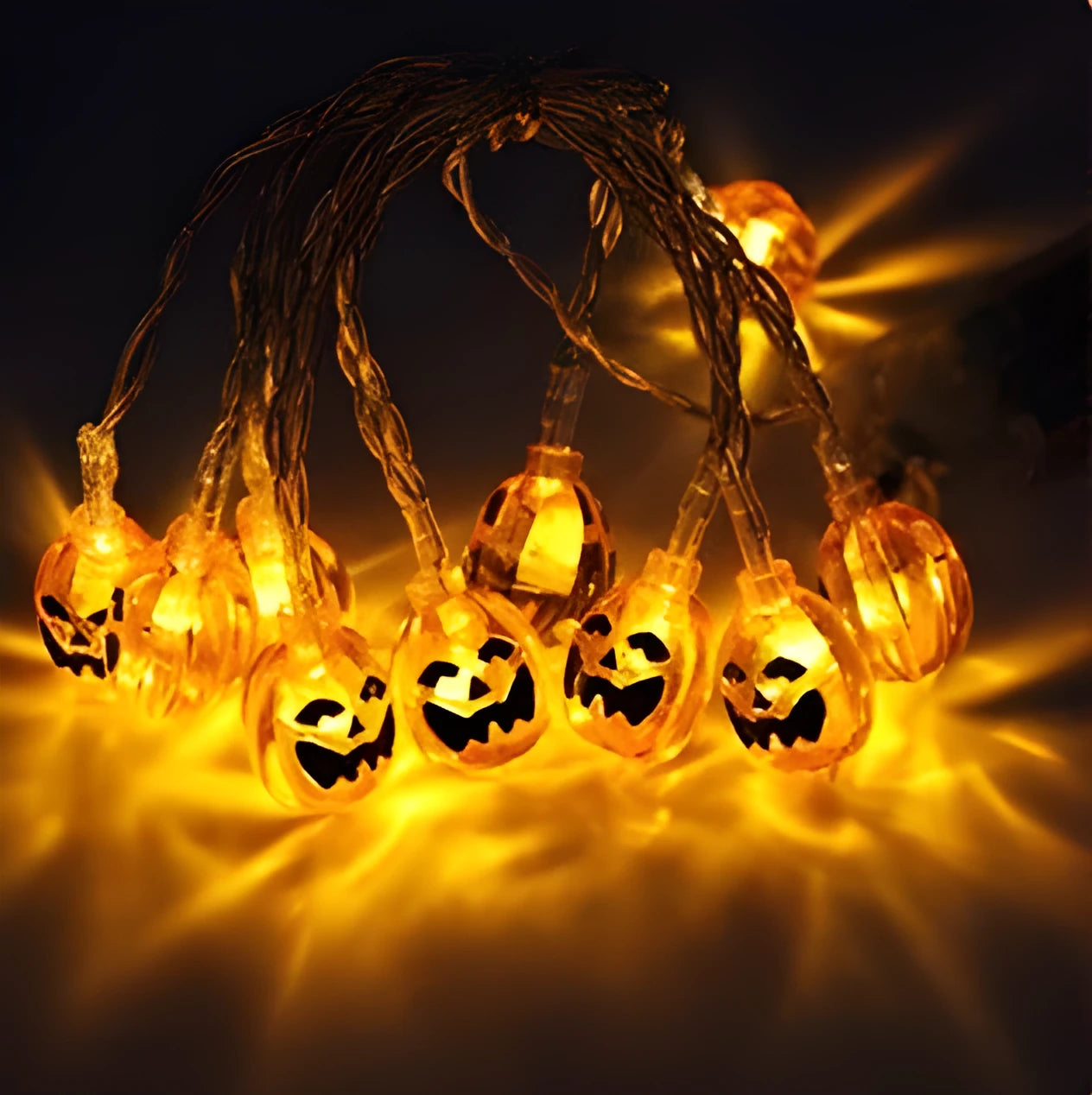 Halloween LED string lights with pumpkin, bat, and ghost lanterns on a 1.2 metre string