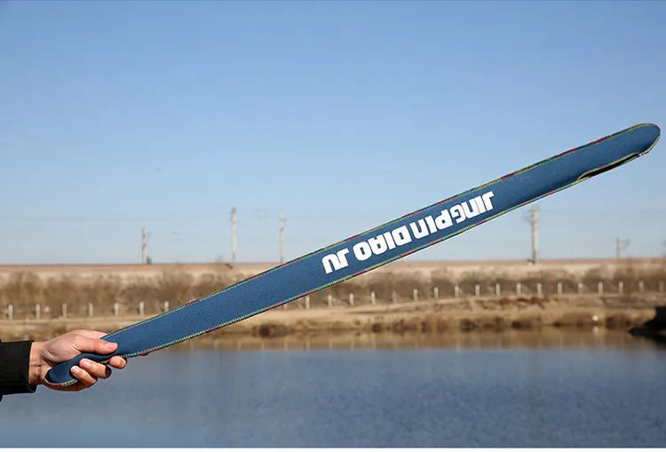 Brown telescopic cotton fishing rod bag retracted and extended, showing its 95cm length.