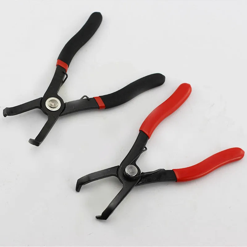 Red interior round nail removal pliers with PVC handles, jaw open, for car door clips.