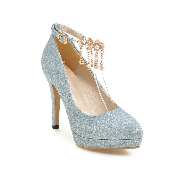 Women's blue platform stiletto high heels with a pointed toe on a white background.