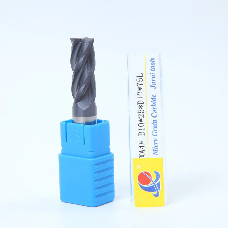 Carbide milling cutter with straight shank and spiral cutting edge on a dark background.