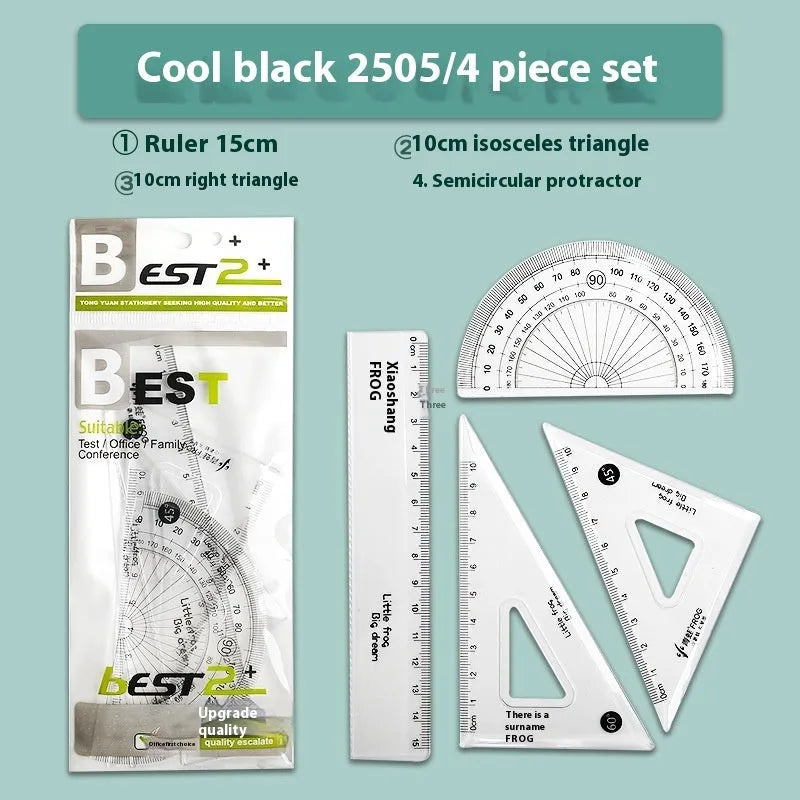Transparent acrylic ruler set with square and protractor tools for drawing and geometry measurement
