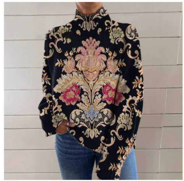 Black 3D pattern printed turtleneck sweater with loose Japanese Korean casual style
