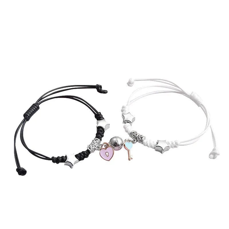 Magnetic couple bracelets with crown and diamond designs in alloy electroplated construction
