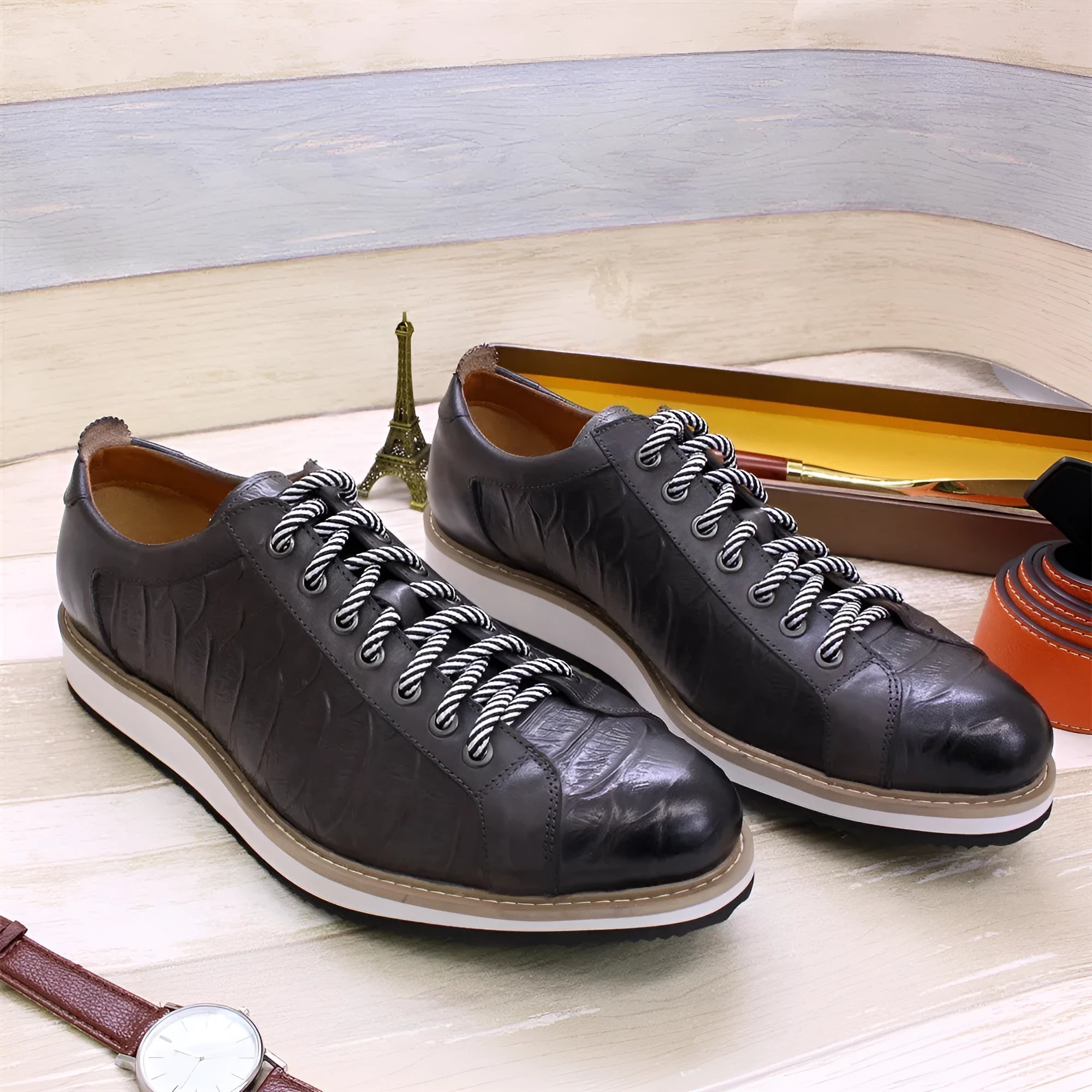Handmade men's low top shoes with embossed pattern, front tie laces, in black, green, white, or grey.