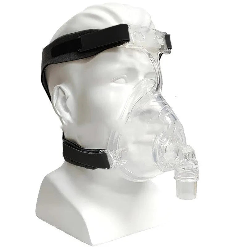 Transparent CPAP breathing mask with headband and adapter elbows for ventilator connection