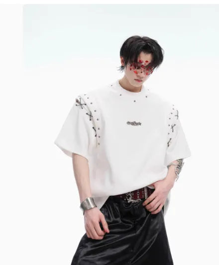 Black short sleeve T-shirt with a side cutout and white lace-up fastening detail.