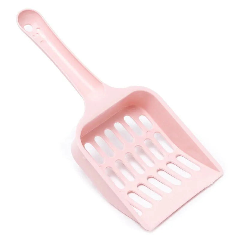 Plastic cat litter scoop in blue, green, or pink colours showing dimensions of 20cm length
