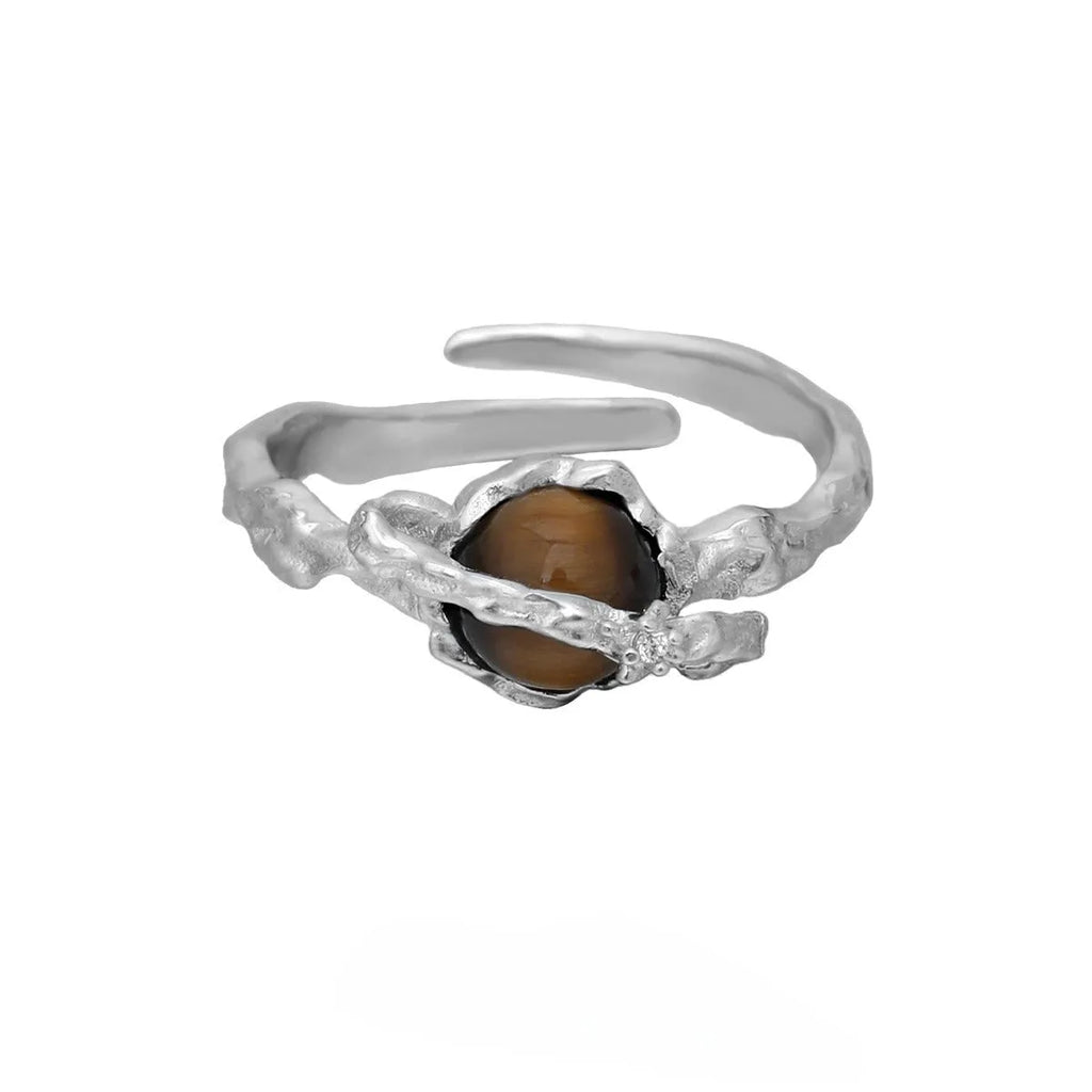 Women's adjustable open ring with Saturn design and tigereye styling in white gold electroplated silver