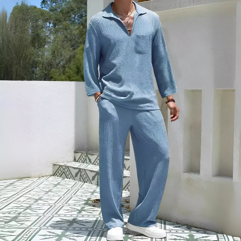Men's casual shirt trousers suit in lake blue colour, two-piece set for autumn leisure wear