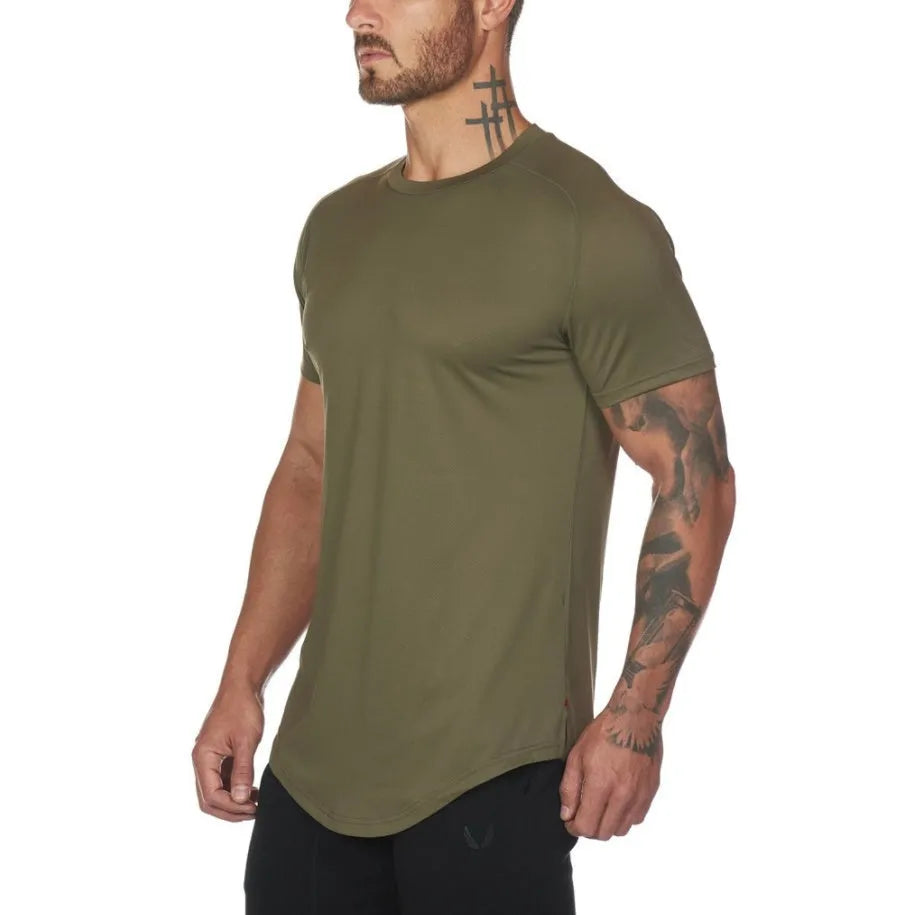 Mens plain cotton-spandex gym shirt for fitness training in army green, black and white colours