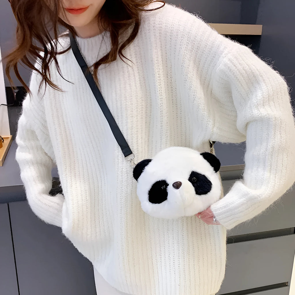 Plush panda head crossbody bag with cylindrical shape measuring 18cm wide