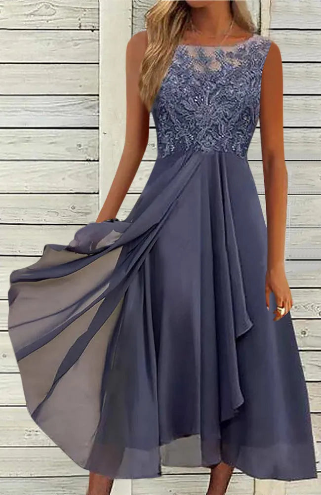 Women's sleeveless chiffon dress with lace stitching in green, purple or blue colours