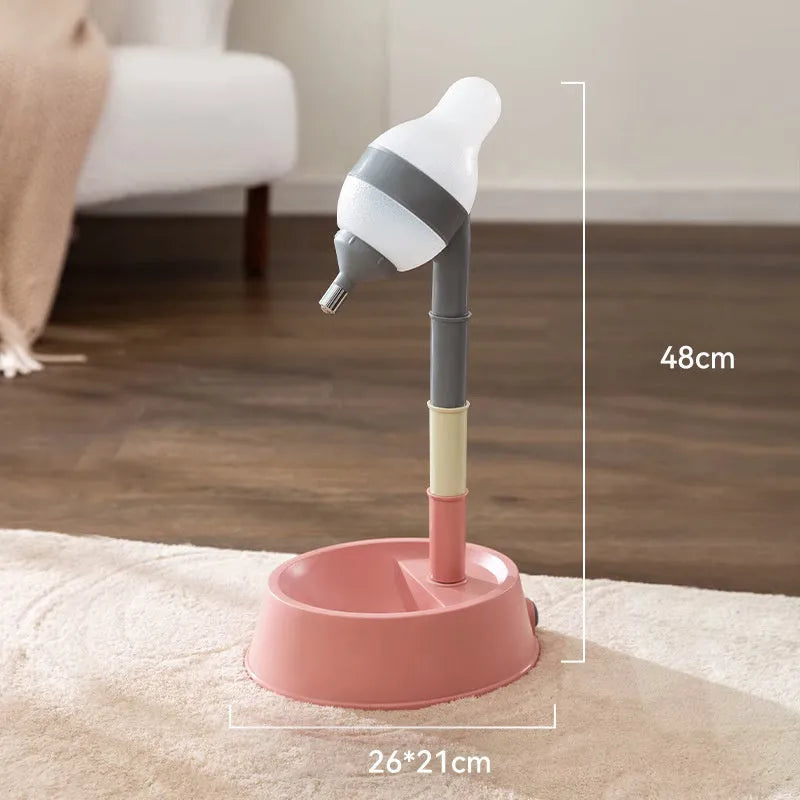 Green adjustable standing water dispenser for pets with a detachable bowl and pole.