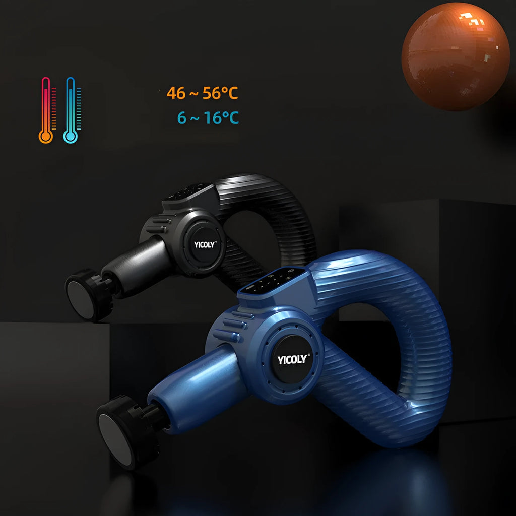 Smart muscle massage gun with adjustable angle head, 5 massage heads, and storage bag for hot and ice compress therapy