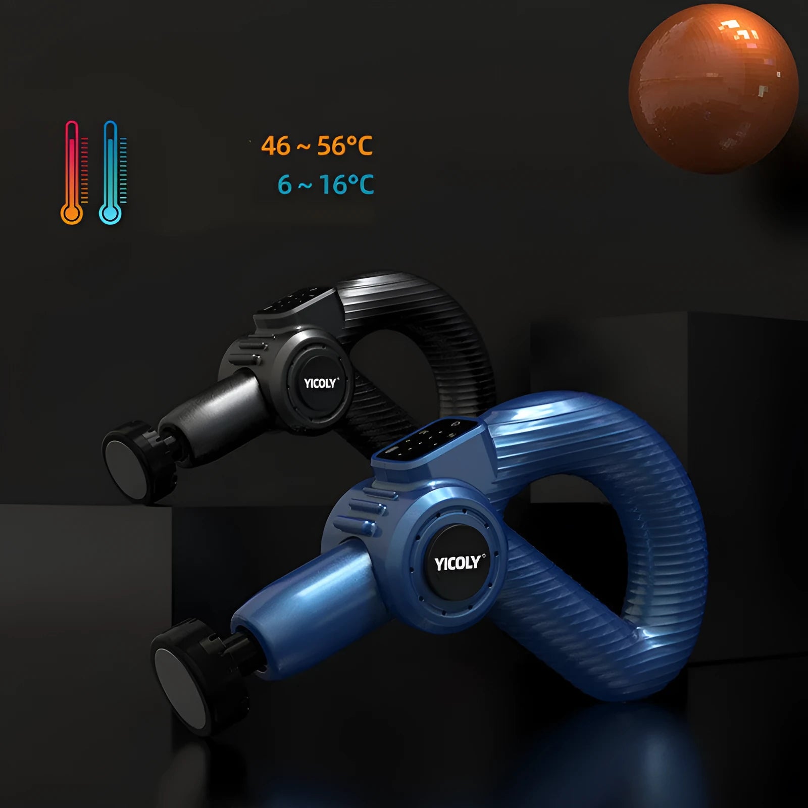 Smart muscle massage gun with adjustable angle head, 5 massage heads, and storage bag for hot and ice compress therapy