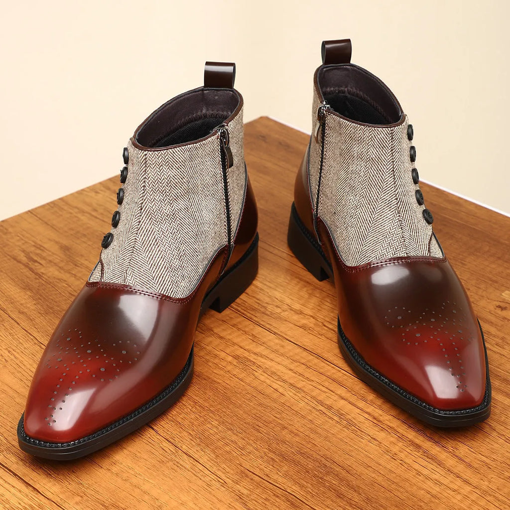 British retro men's formal shoes with side zipper in brown or green colours with square toe design