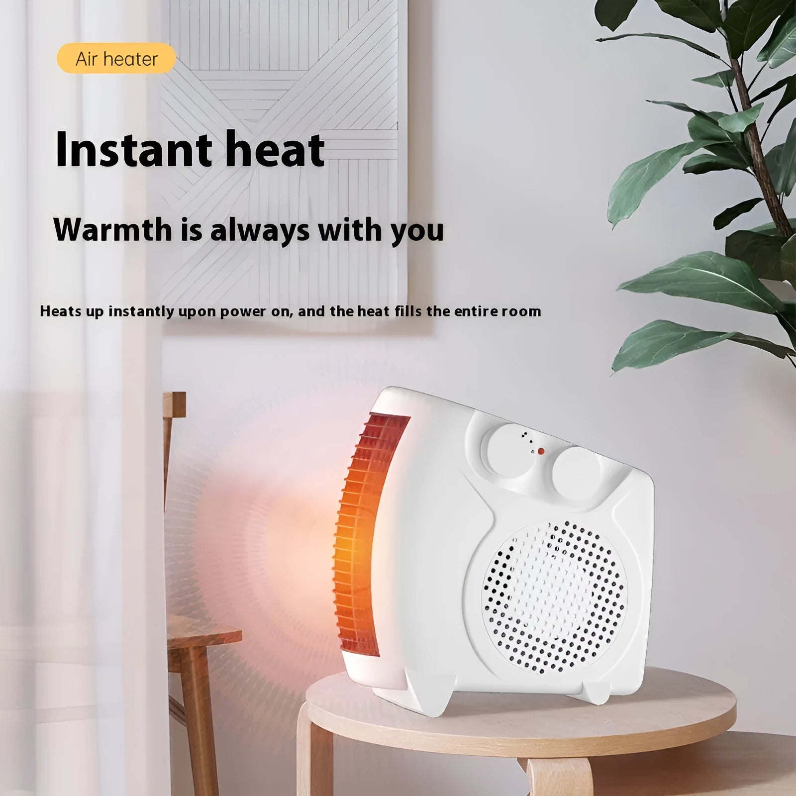 White compact electric heater on desktop with power adjustment controls