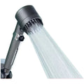 Portable white shower head with three water mode settings showing spray patterns