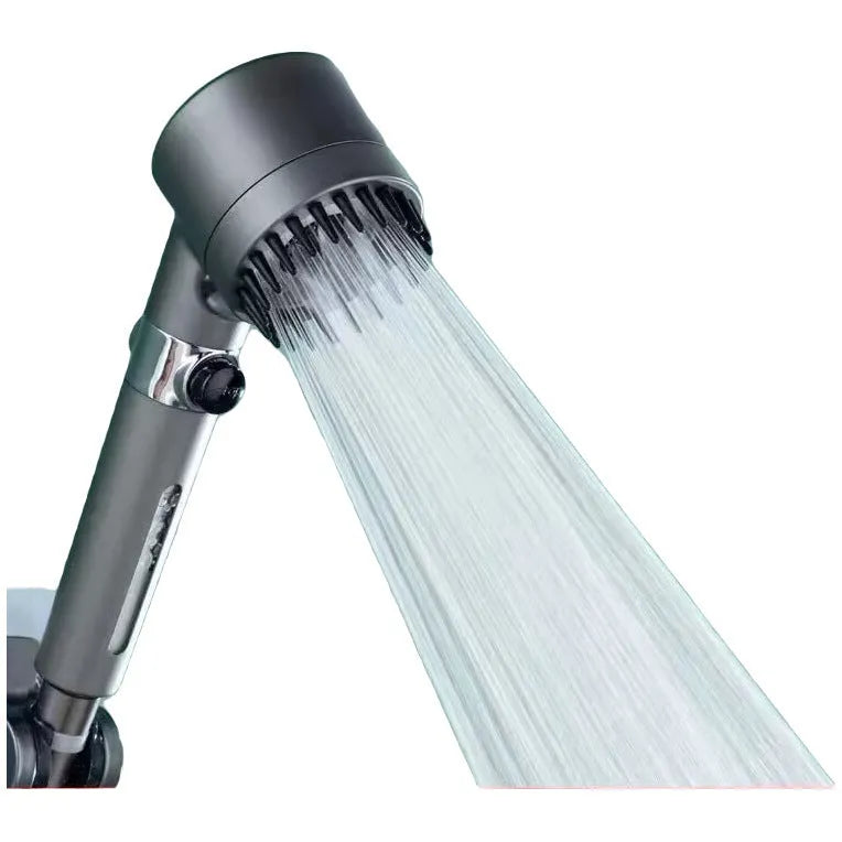 Portable white shower head with three water mode settings showing spray patterns