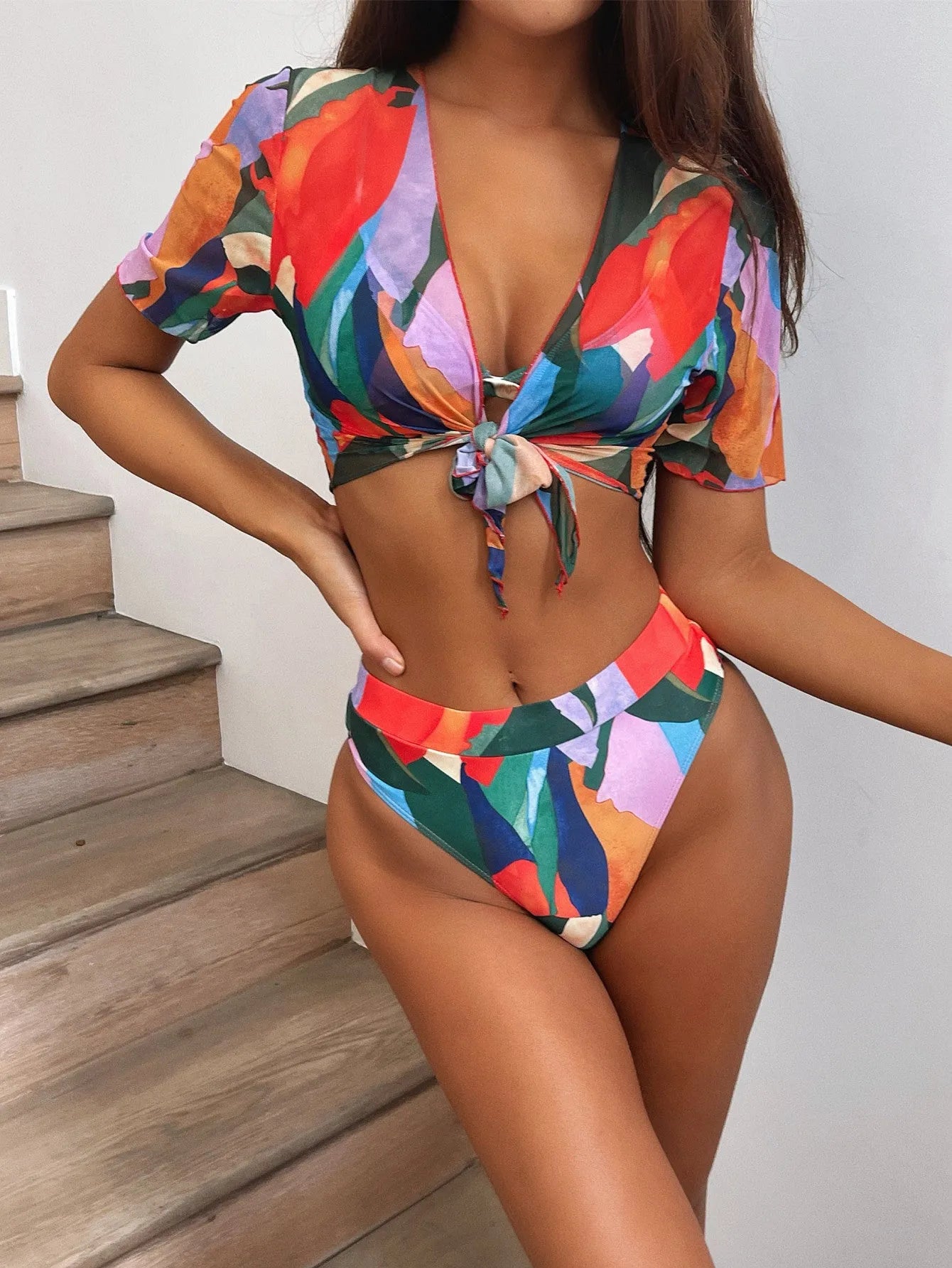 Red women's printed split swimsuit in nylon fabric for swimming and wading sports
