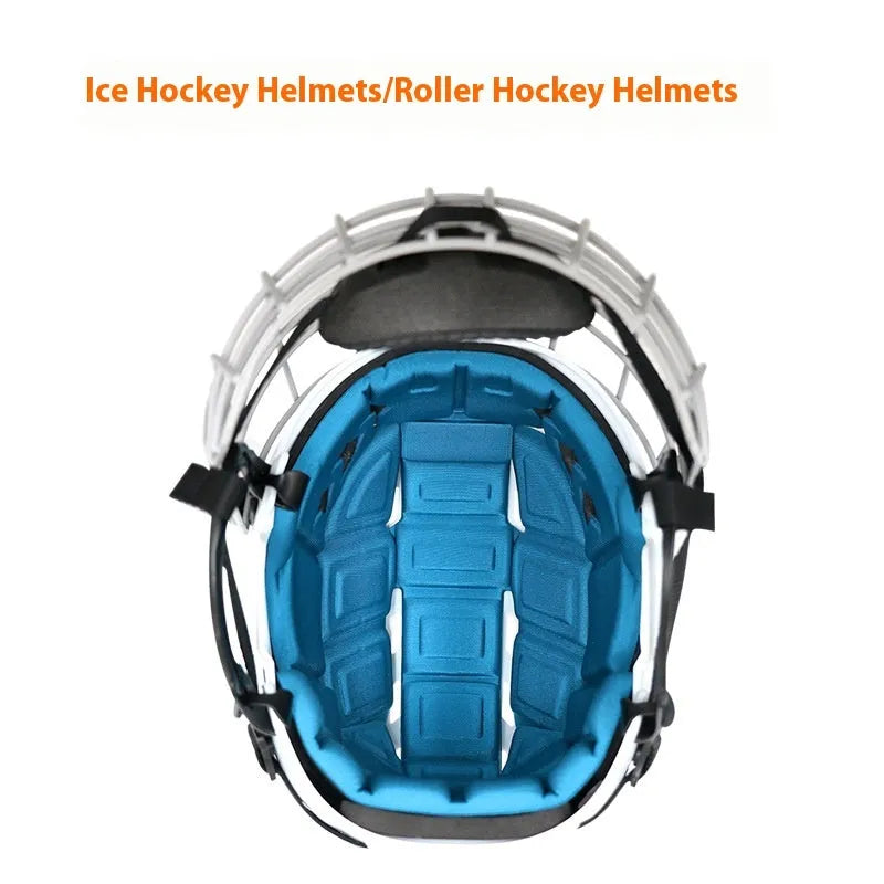 Ice hockey protective helmet with carbon steel face mask showing EVA lining
