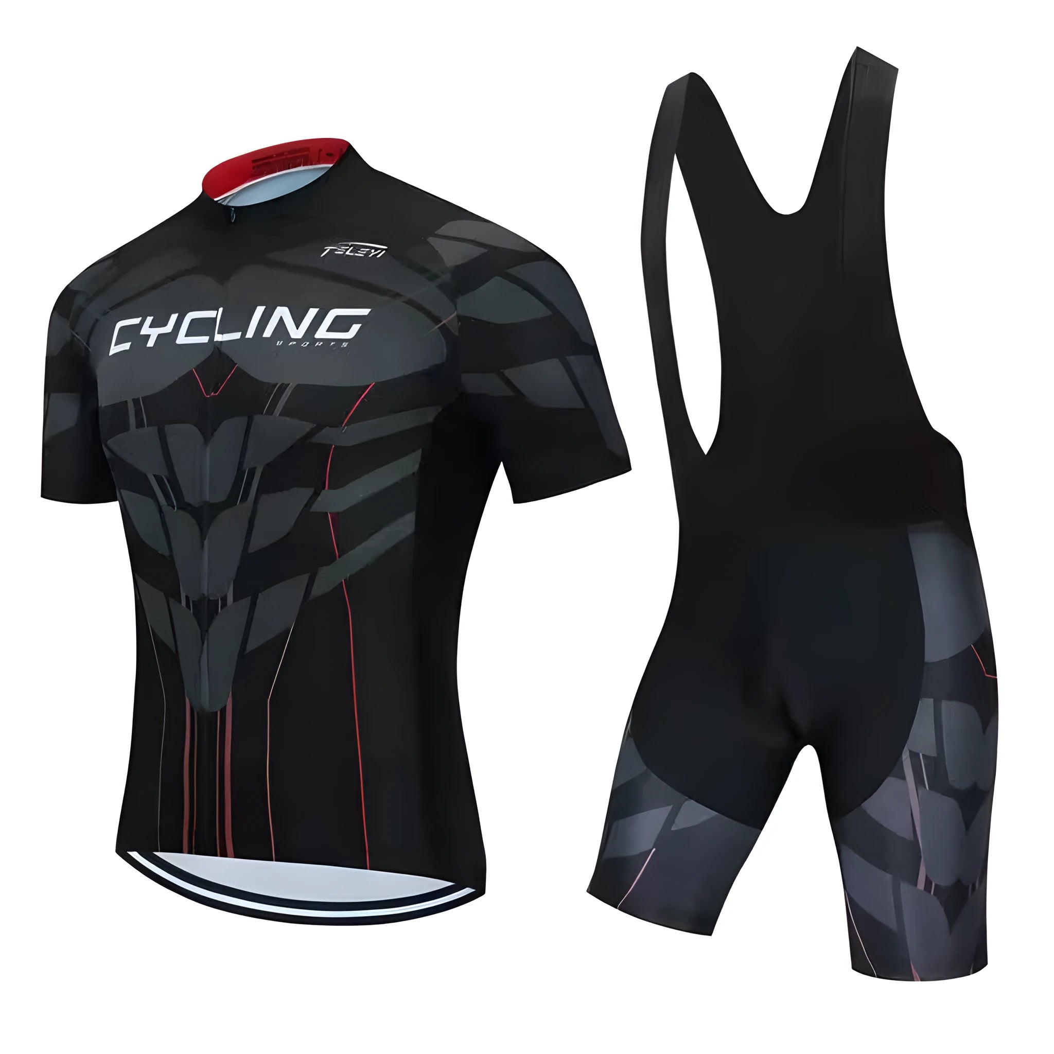 Cycling jersey and padded shorts set for summer mountain and road biking with moisture-wicking fabric