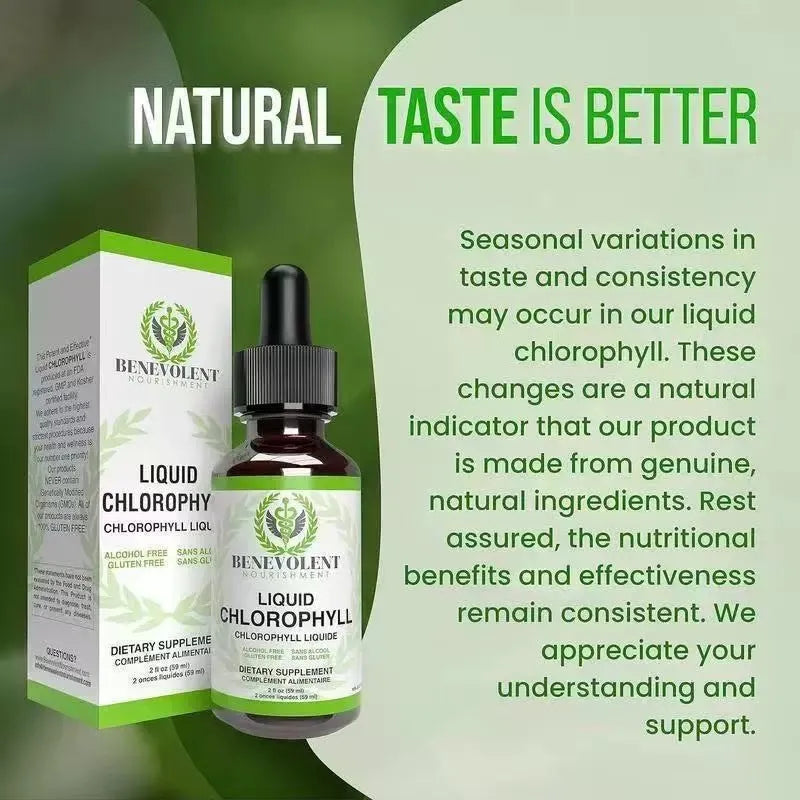 A 60ml glass bottle of green liquid chlorophyll drops with a black dropper for adult dietary supplement use.