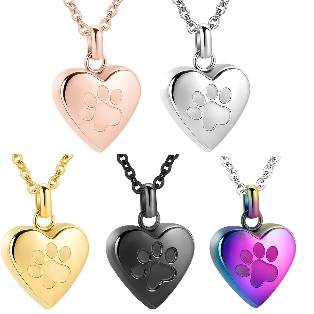 Openable heart-shaped titanium steel memorial necklace with love paw print design in silver finish.
