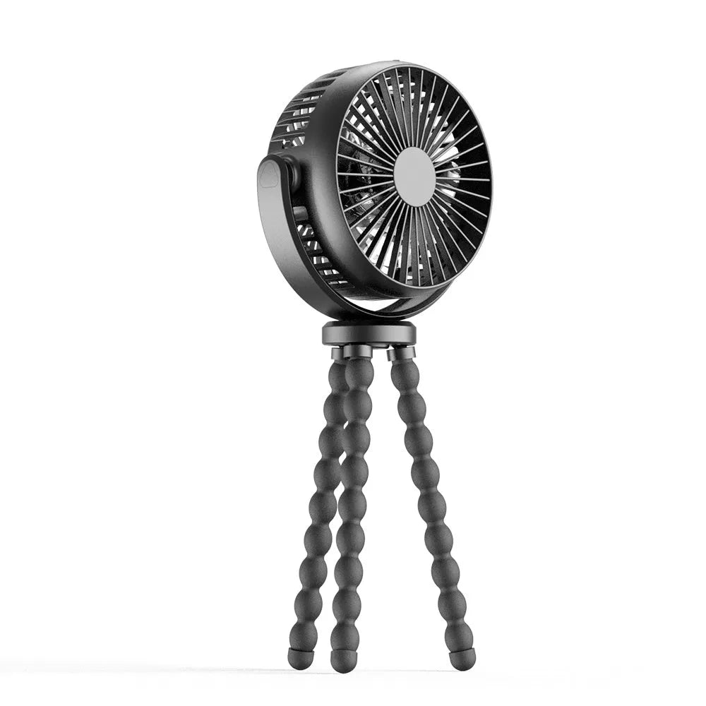 HOMEFISH F2 handheld fan with automatic shaking head, LED light, and removable bracket on a table.
