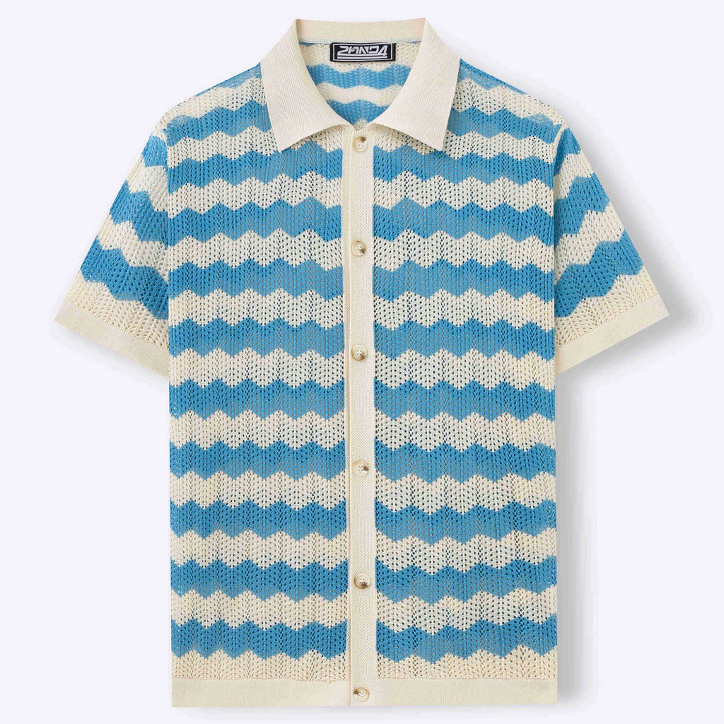 Blue hollow jacquard corrugated short sleeve sweater on a hanger, showing textured weave detail.