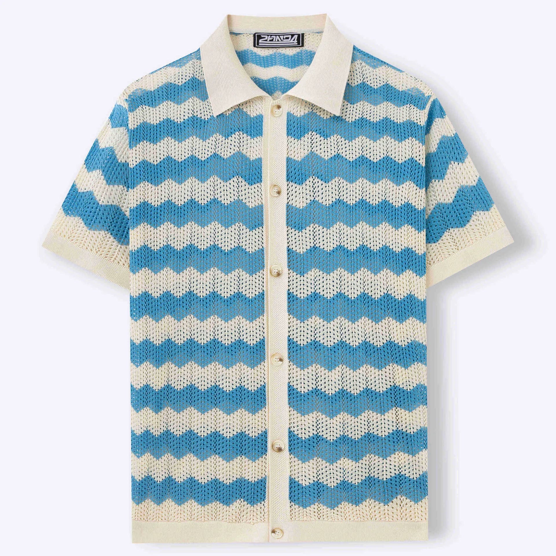 Blue hollow jacquard corrugated short sleeve sweater on a hanger, showing textured weave detail.