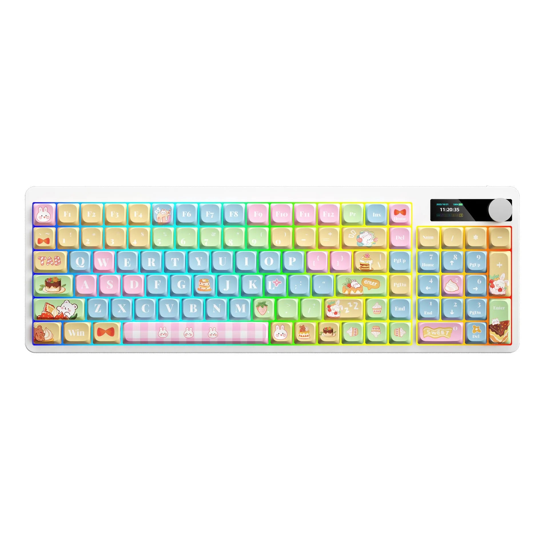 Black Iron Cow themed mechanical keyboard with RGB backlighting on a desk next to a laptop.