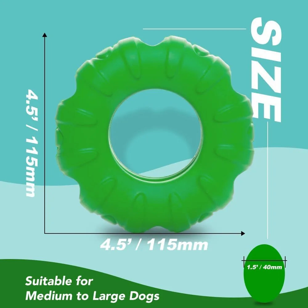 Blue natural rubber tyre-shaped dog chew toy and slow feeder on a wooden floor