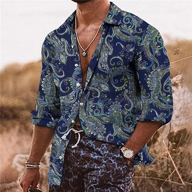Men's loose-fit long-sleeve shirt with a detailed 3D floral pattern in a blue colour variant.