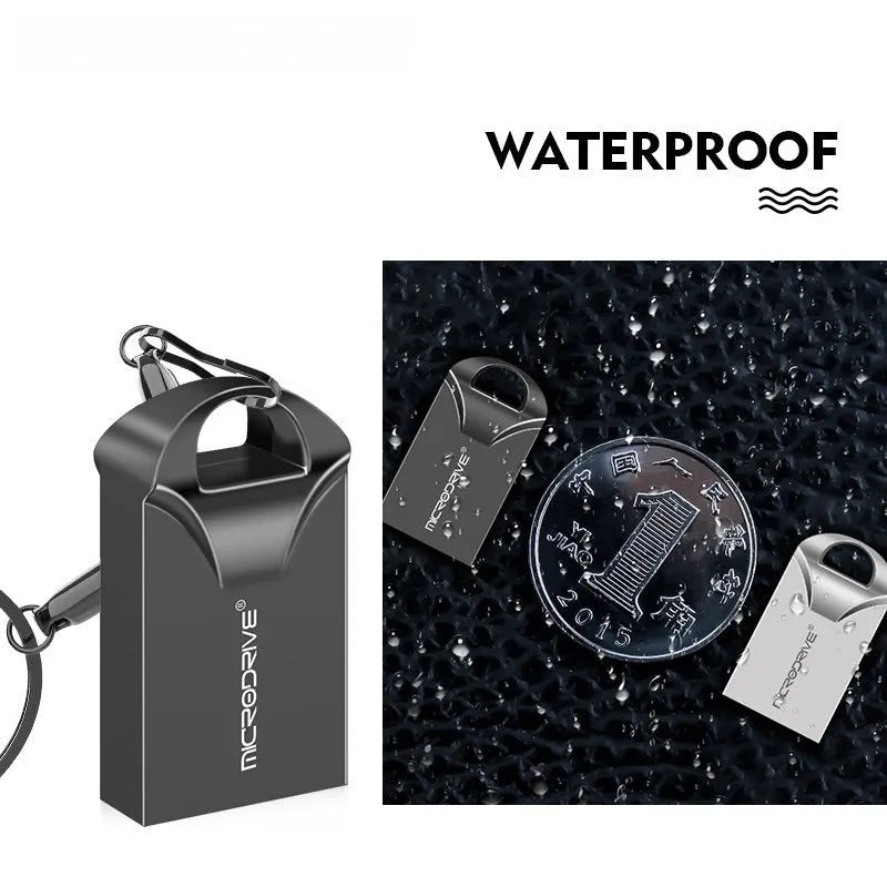 Small black and silver metal USB flash drive showing front and side views