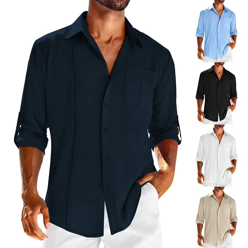 Men's grey long sleeve shirt with polo collar lace detail and button front.