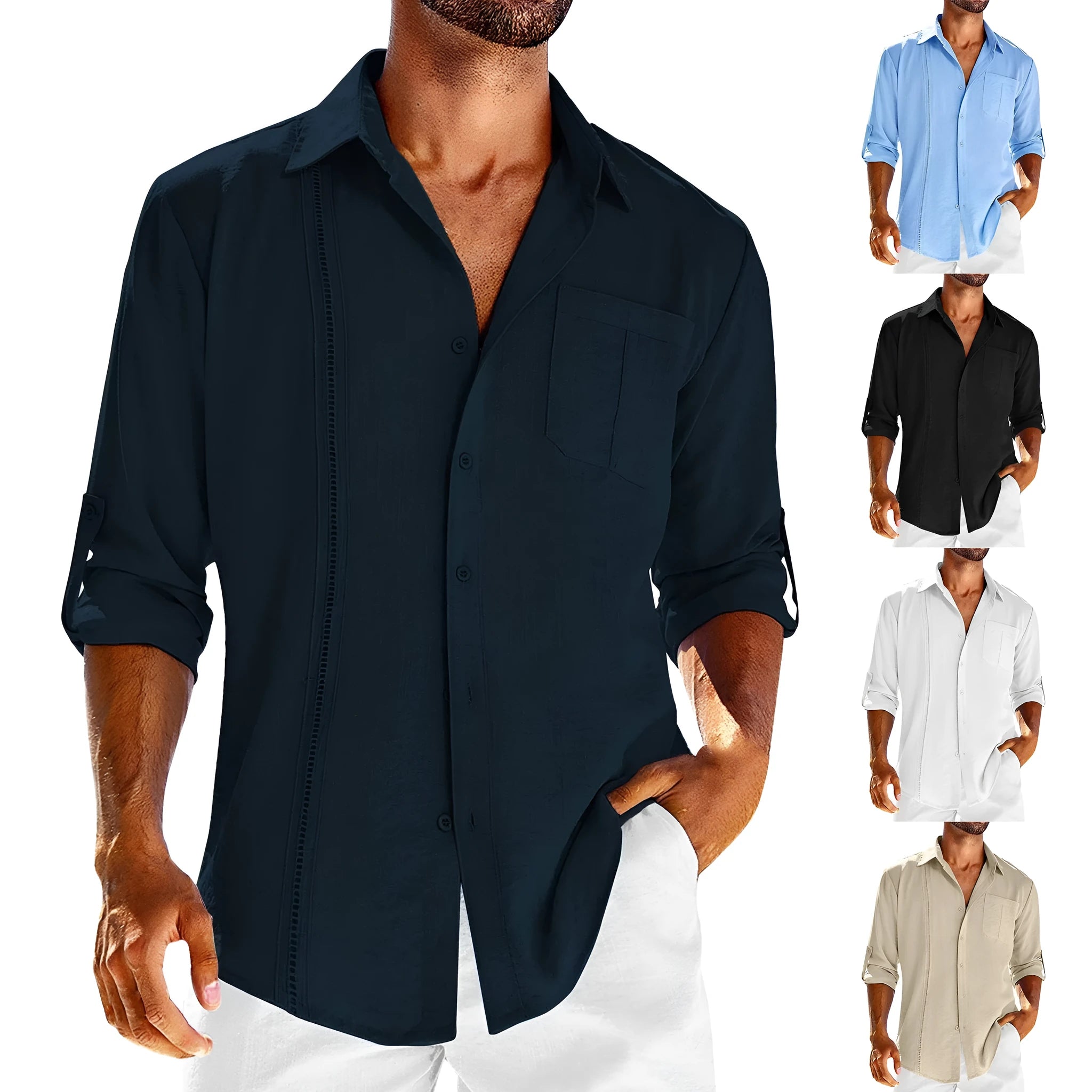 Men's grey long sleeve shirt with polo collar lace detail and button front.