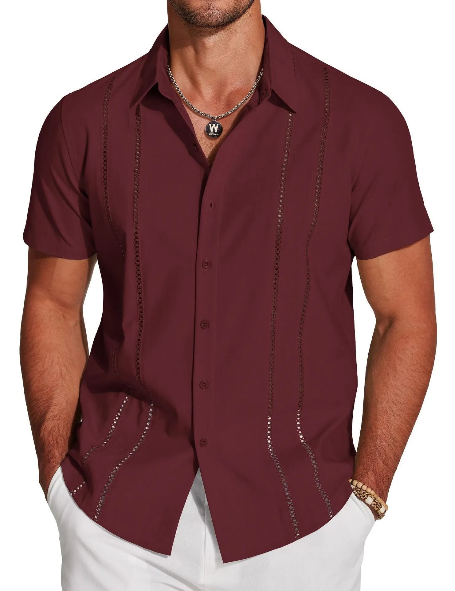 Men's slim fit short sleeve Hawaiian shirt with digital print pattern.
