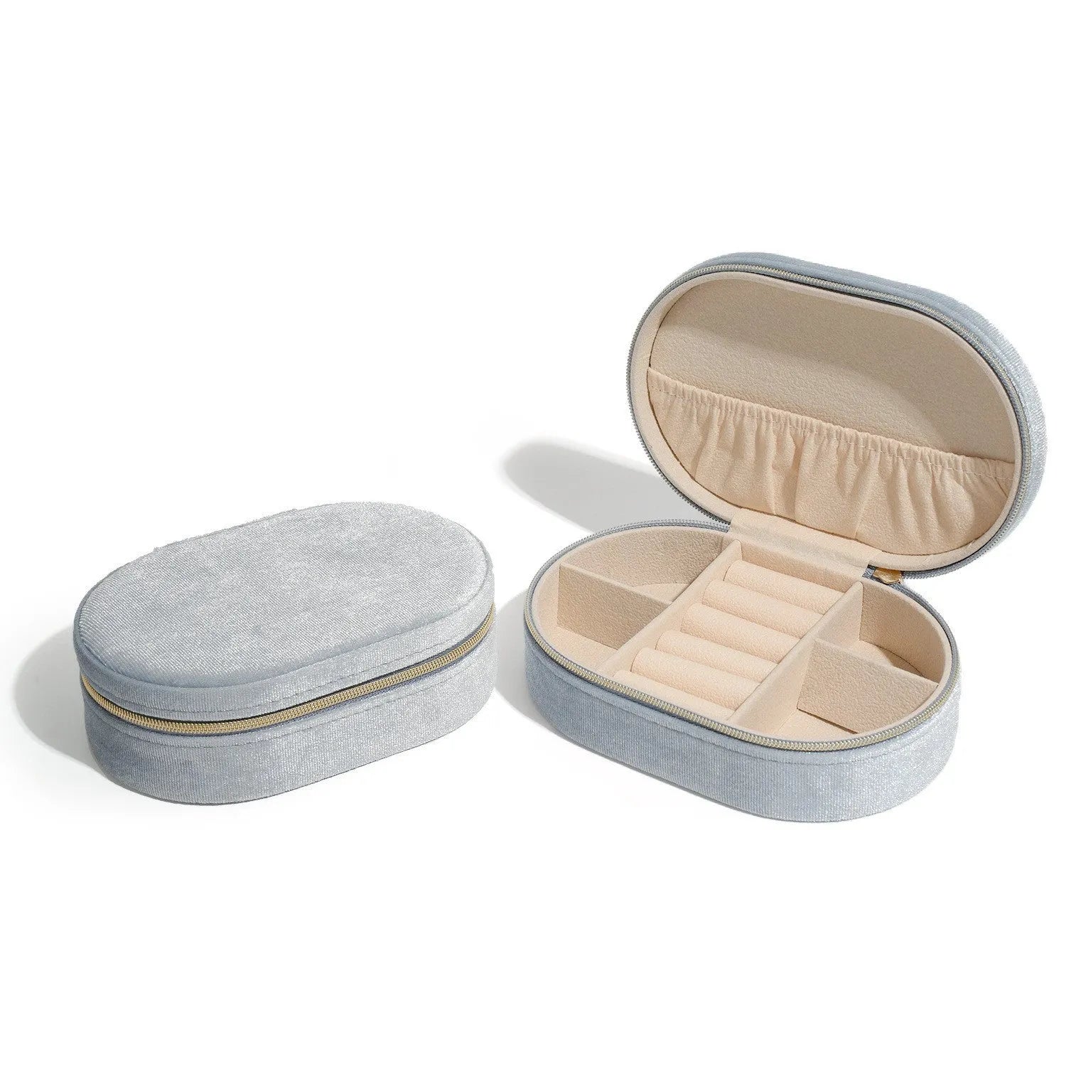 Oval velvet jewellery storage box with flannel lining in multiple colour options