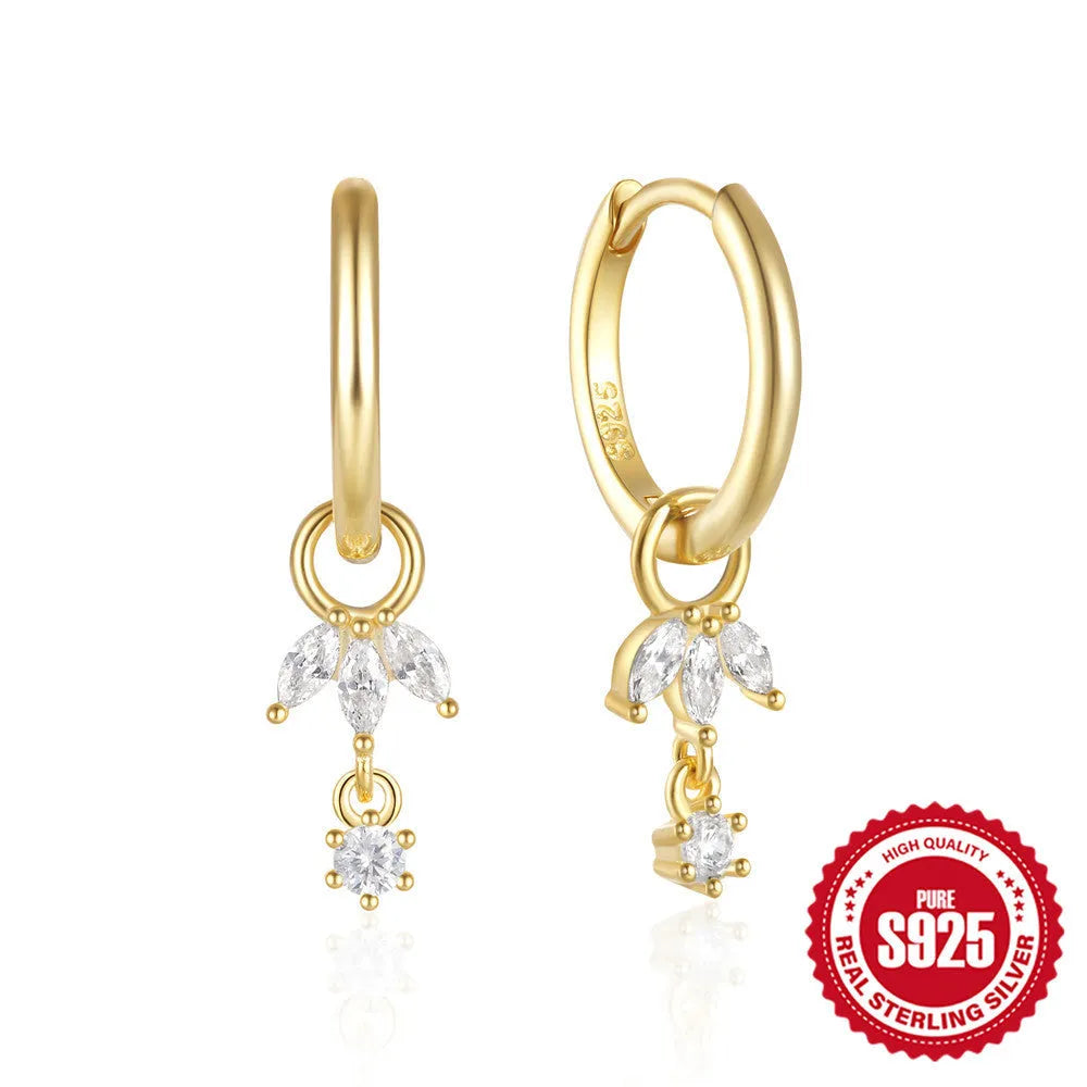 S925 sterling silver geometric sunflower earrings with golden three-diamond zircon stones