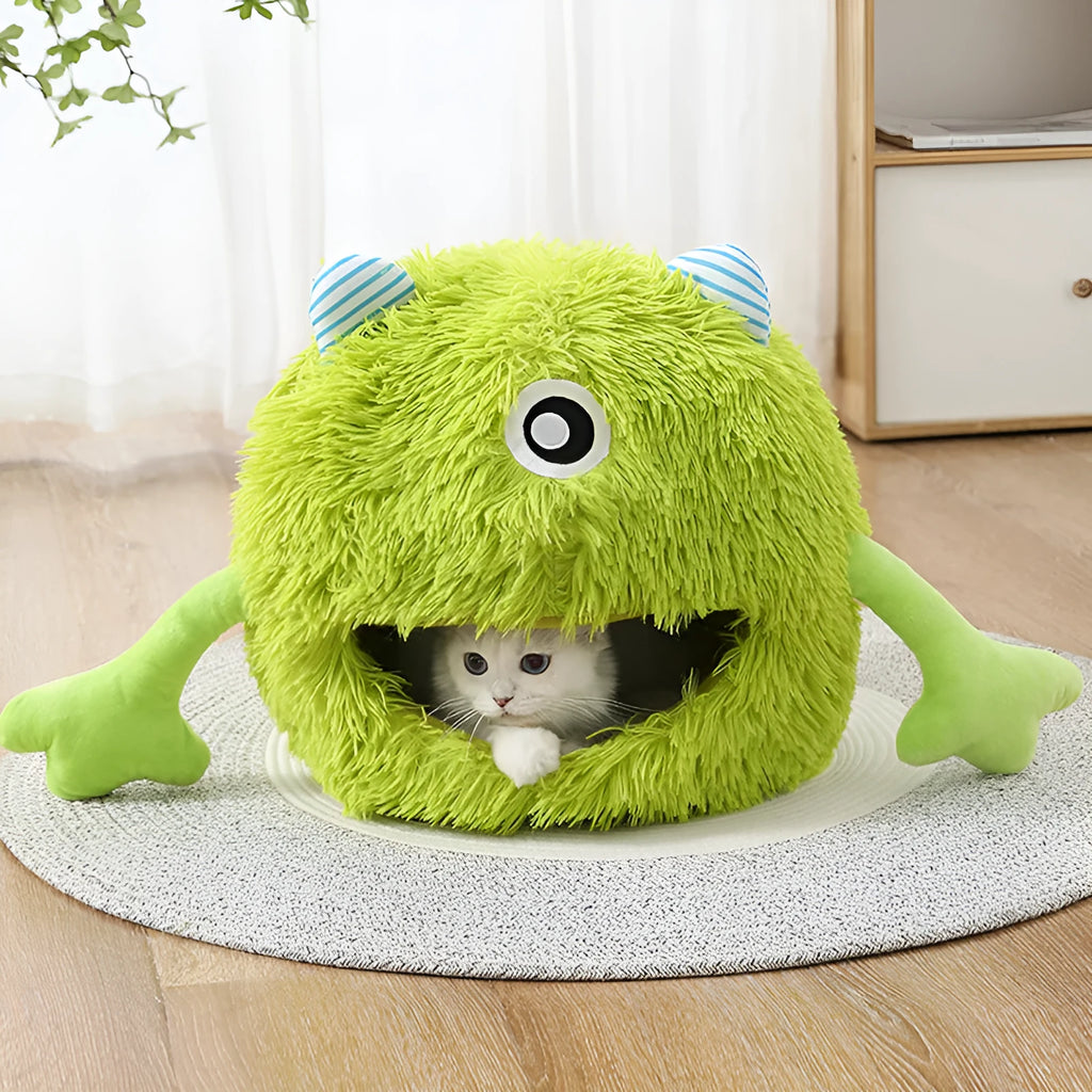 Round fluffy pet bed for cats with soft plush fabric and non-slip rubber bottom in three size options