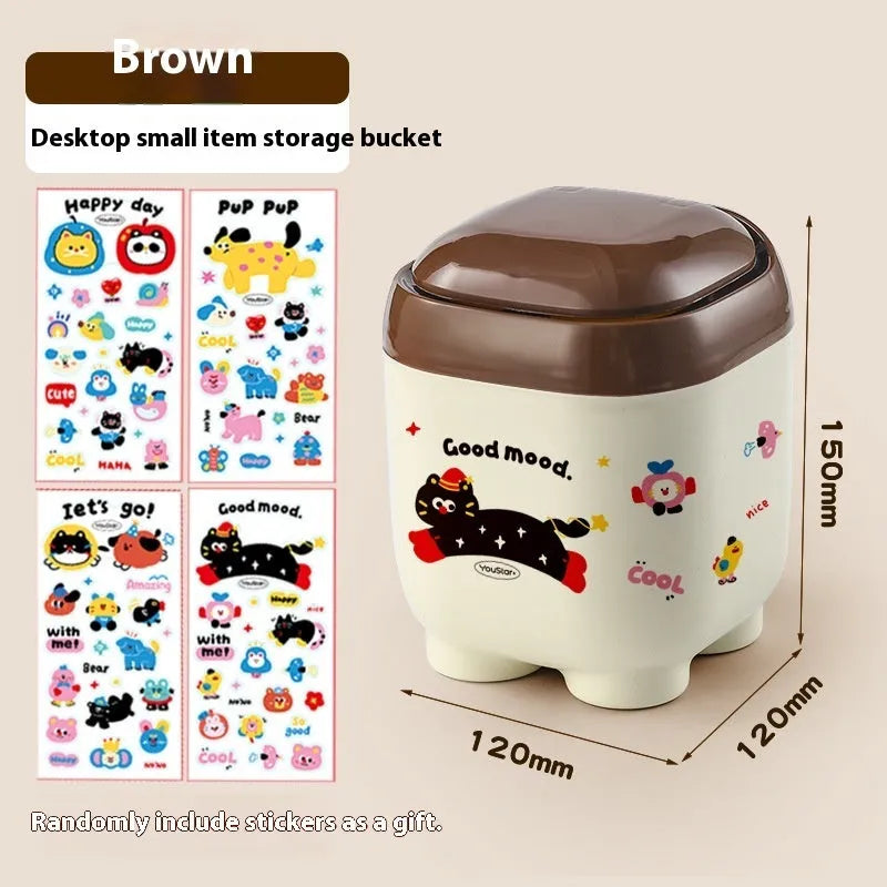 Red and brown cartoon-style desktop storage organiser with grid pattern and sticker set for labelling.
