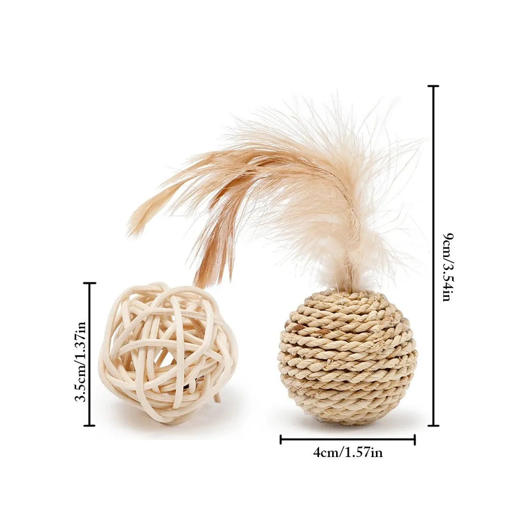 Two cat toys: hollow rattan ball with bell and colourful faux feather ball with plumes