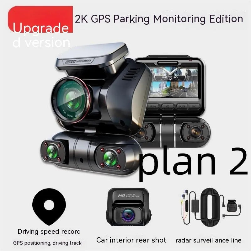 Compact black plastic car dash cam with four lenses and a 2-inch screen for GPS logging and parking surveillance.