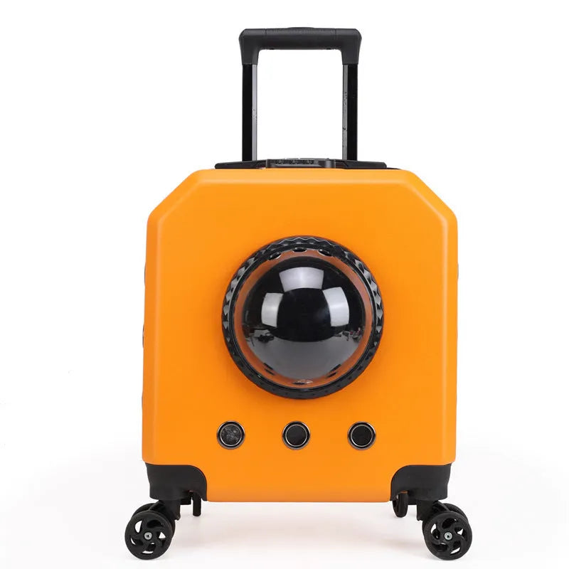 Hard-shell PVC pet flight trolley case in orange colour with wheels and pull handle